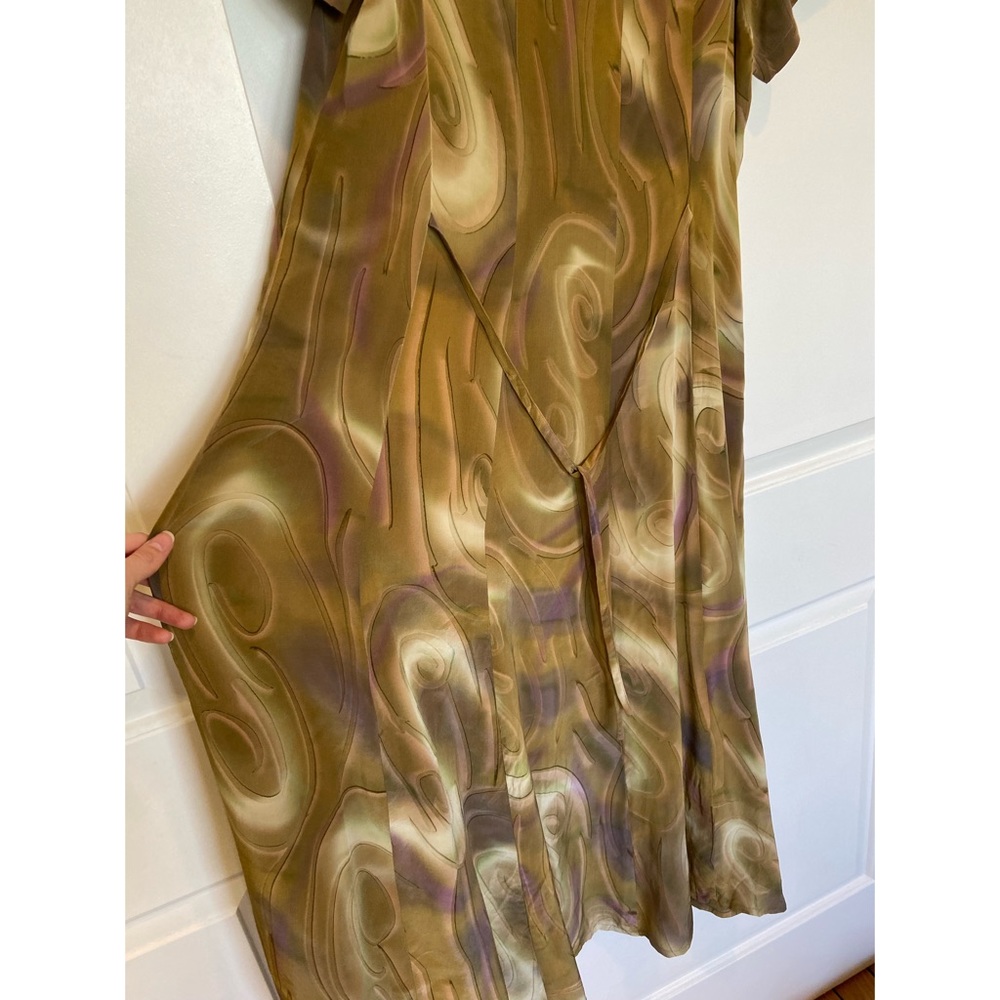 100% Silk 70s Groovy Brown And Green Patterned Dress